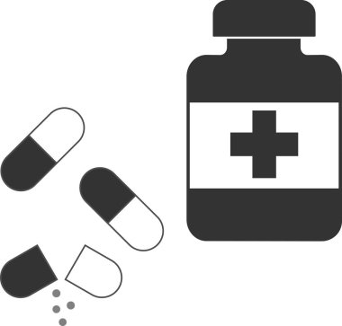 Kapsüllü ilaç şişesi. Beyaz arkaplandaki izole vektör görüntüsü.
