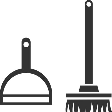 Süpürge ve faraş ikonu. Siyah siluet. Vektör illüstrasyonu.