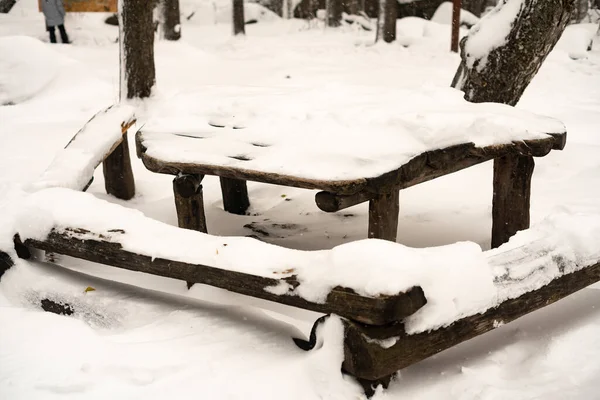 Grande table en bois avec bancs autour sous la neige. — Photo