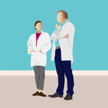 Tıbbi giysiler içindeki doktorların sohbeti. Vektör illüstrasyonu.