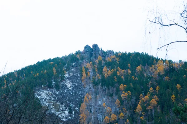 Berg im herbstlichen Wald mit Bäumen mit einem Steinfelsen an der Spitze. — Stockfoto