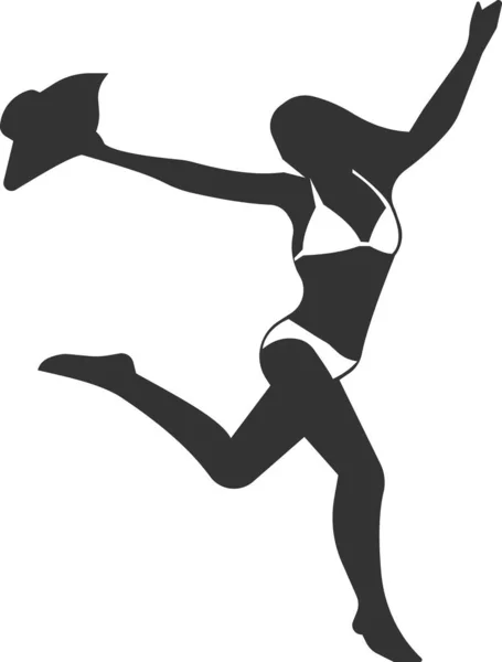 Ikona biegającej dziewczyny w stroju kąpielowym z kapeluszem w ręku. — Wektor stockowy
