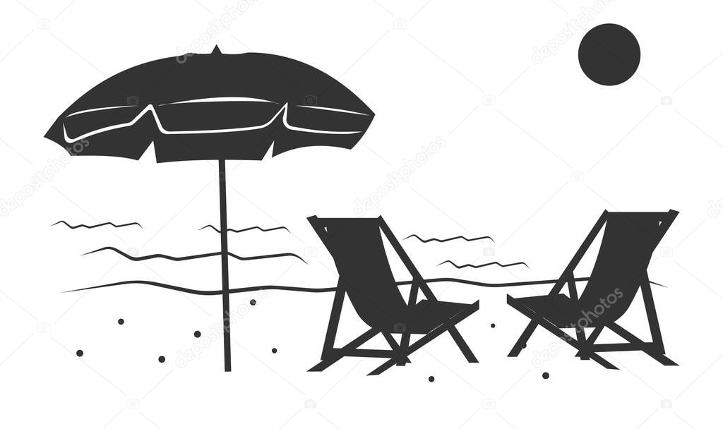 An icon of a sandy beach on the beach with an umbrella and chairs for vacationers.
