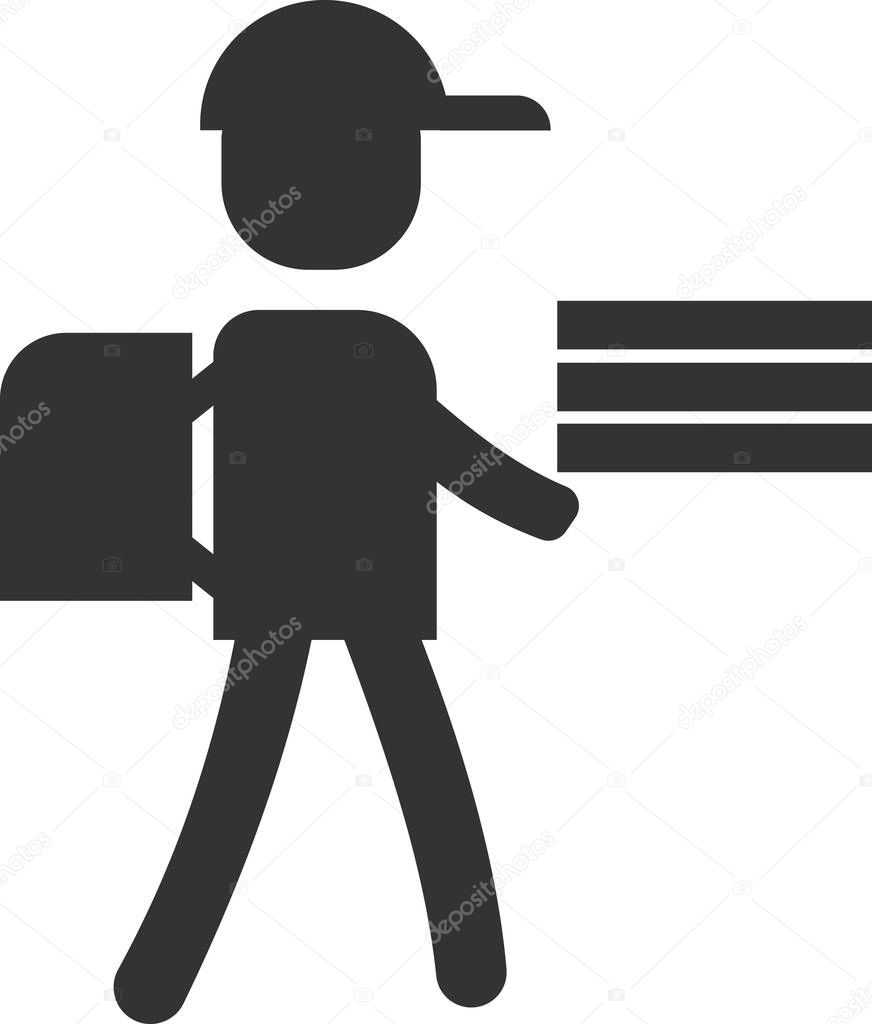 A courier icon with a fast food delivery backpack and pizza boxes.