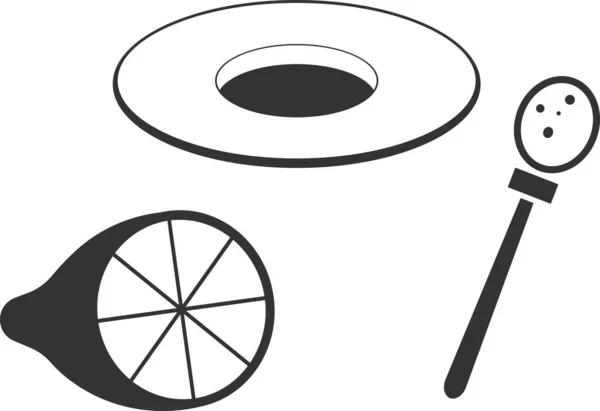 Vector icoon van een schotel, citroen, en suiker lepel. — Stockvector