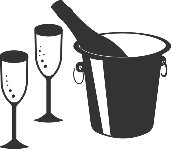 Icono vectorial con enfriamiento de champán en hielo y dos copas. — Vector de stock
