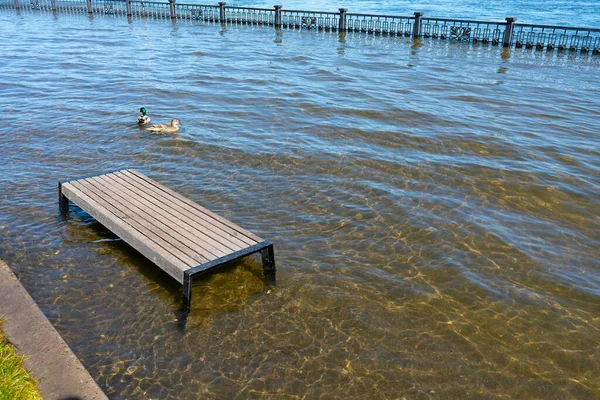 Een houten bank op een overstroomde dijk omringd door water. — Stockfoto