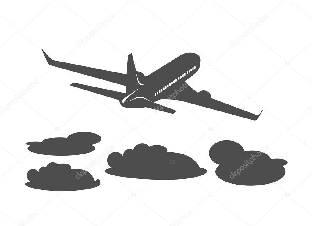 Vector illustration of a passenger plane taking off above the clouds.