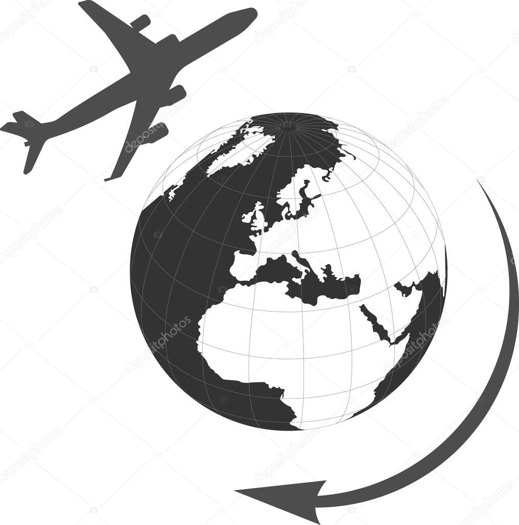 Vector image of a black round ball with an airplane.