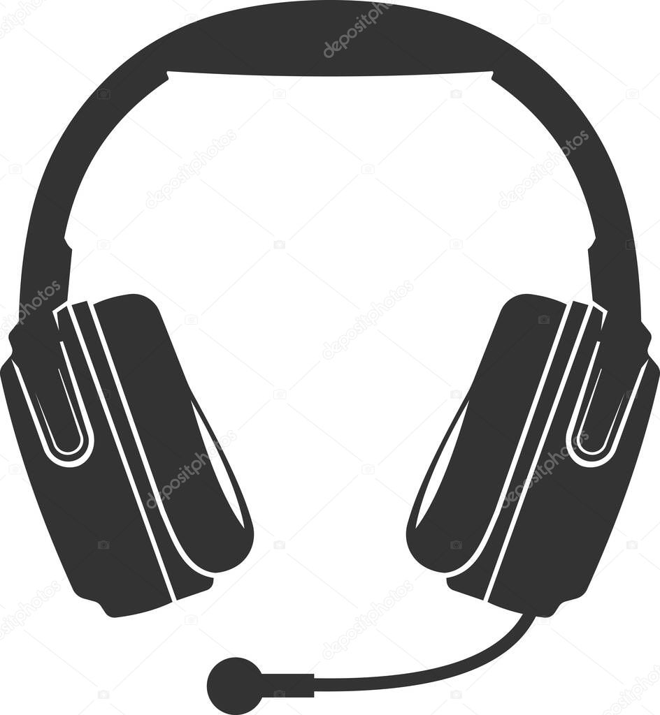 A flat black vector icon of headphones with a microphone. The vector image is isolated on a white background.