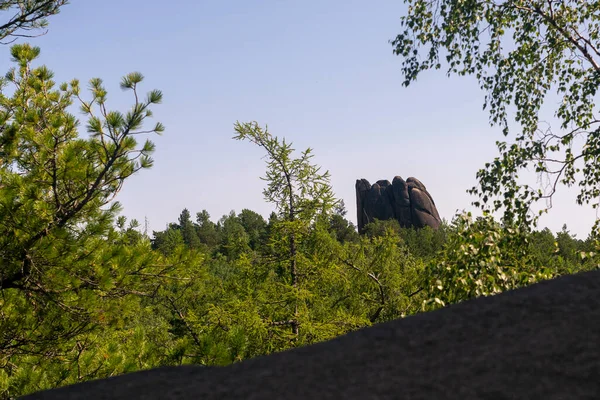 Die Spitze eines braunen Felsens ragt über den Wald. — Stockfoto