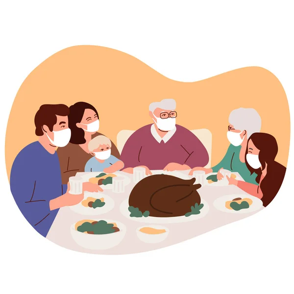 Lycklig Familj Firar Thanksgiving Dag Isolering Coronavirus Turkiet Ligger Bordet — Stock vektor