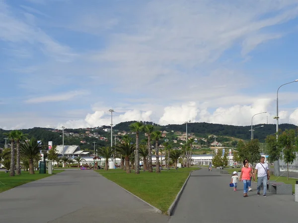 Sotschi Olympiapark, grüne Rasenflächen und Palmen, Menschen auf dem Fußweg, adler, russland, 1. Juni 2016 — Stockfoto