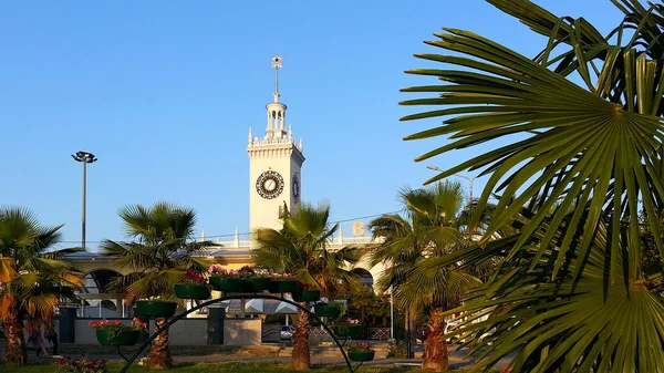 Resort Sochi, the railway station clock tower, palm trees in the square — Stock Photo, Image