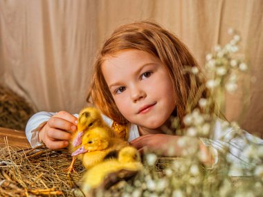 Küçük kızıl saçlı kız samanlı ördek yavrusu