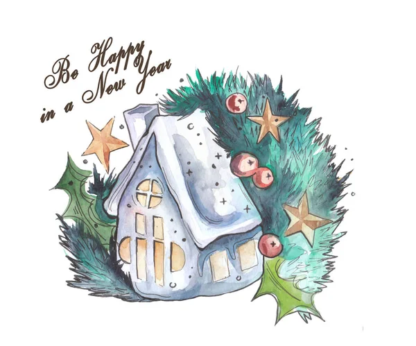 Cartão Natal Com Uma Pequena Casa — Fotografia de Stock