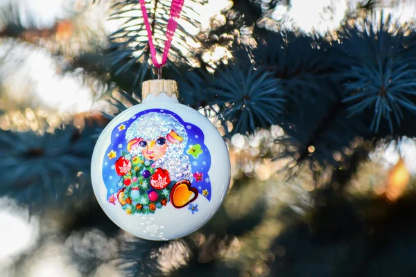 Year of the Sheep Christmas bauble on a Christmas tree branch — Stock Photo, Image