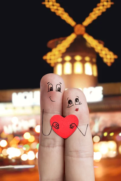Finger art of a Happy couple. Lovers is embracing and holding red heart. Stock Image — Stock Photo, Image