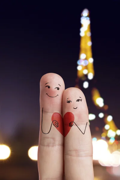 Finger art of a Happy couple. Lovers is embracing and holding red heart. Stock Image — Stock Photo, Image