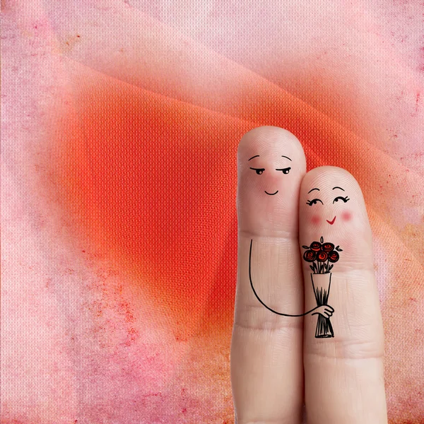 Finger art. Gli amanti sta abbracciando e tenendo bouquet. Immagine stock creativa — Foto Stock