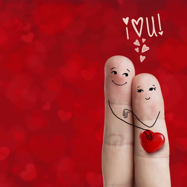 Finger art. Lovers is embracing and holding red heart. Stock Image — Stock Photo, Image