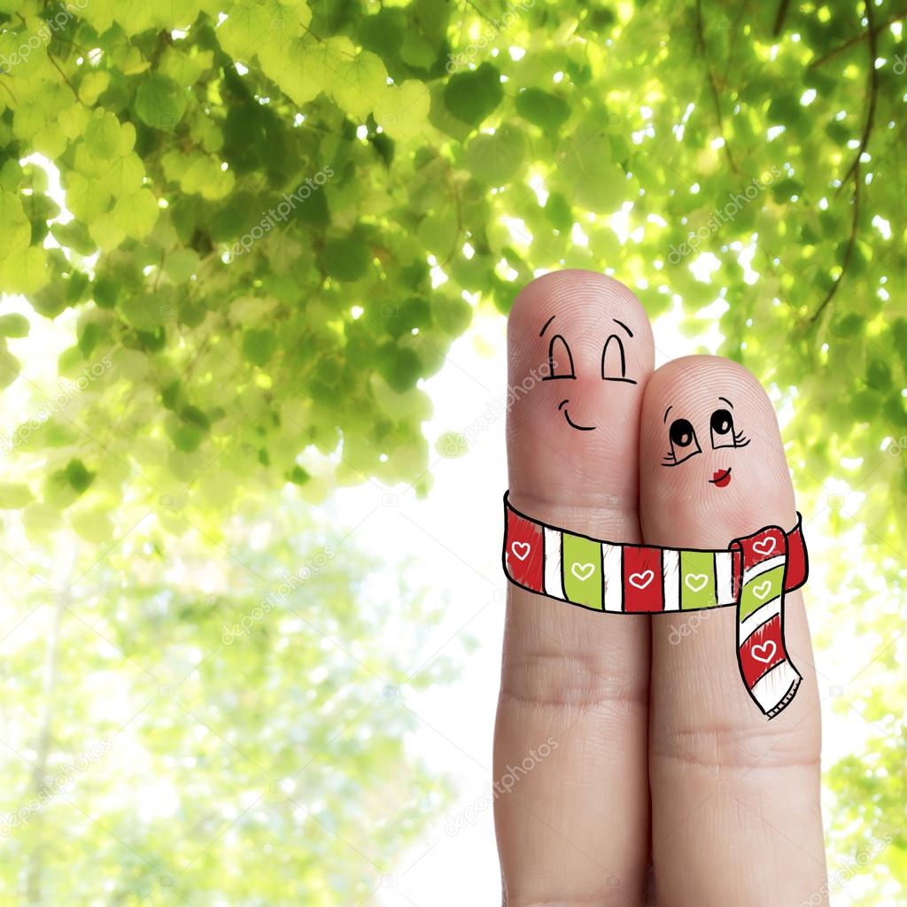 Finger art of a Happy couple. Lovers in a scarf is embracing