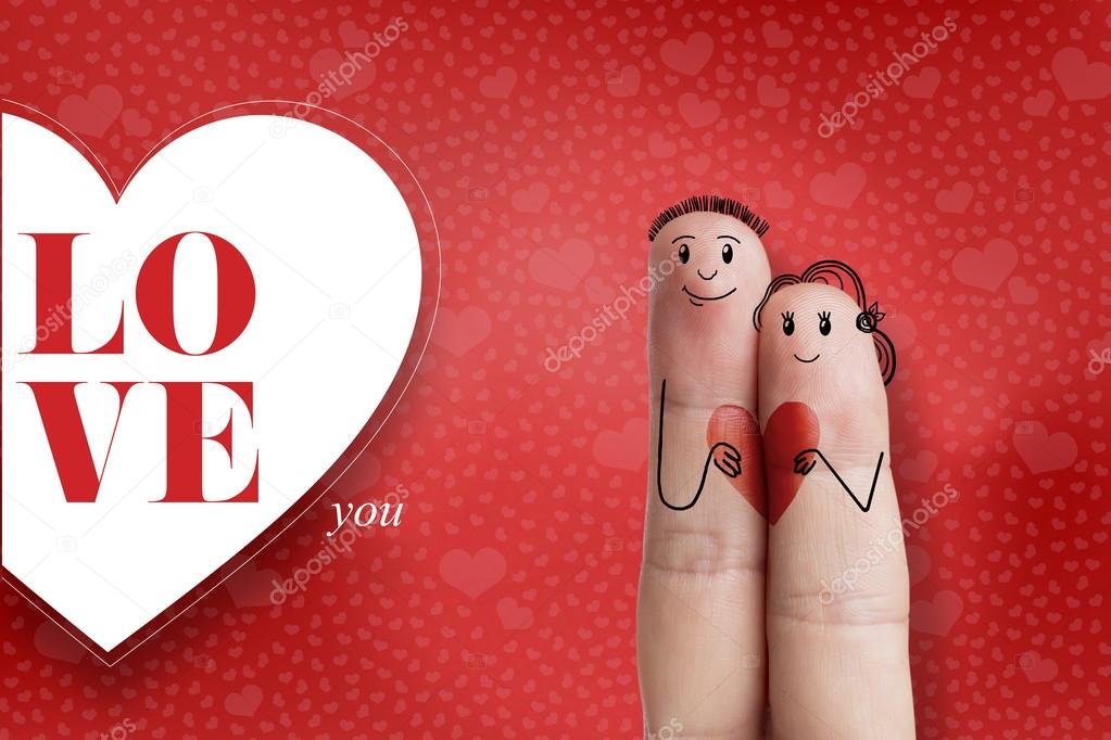 Finger art. Lovers is embracing and holding red heart. Stock Image