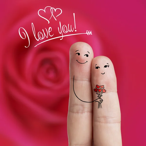 Finger art of a Happy couple. Man is giving bouquet. Stock Image — Stock Photo, Image