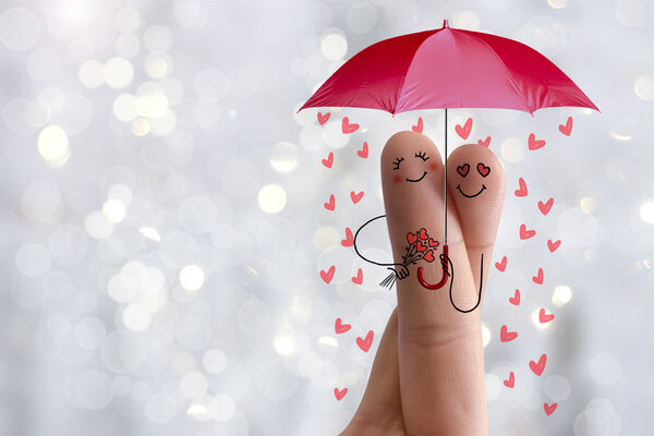Conceptual finger art. Lovers is embracing and holding red umbrella and bouquet of hearts. Stock Image
