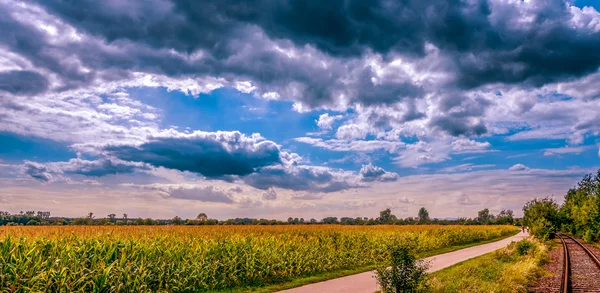 Alan, demiryolu yolu ve bulutlar ile bahar manzara bahar arka plan