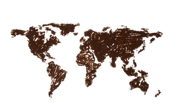 World map lined with coffee on white background