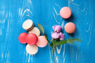 Mavi kurullarında çok renkli acıbadem kurabiyesi. 