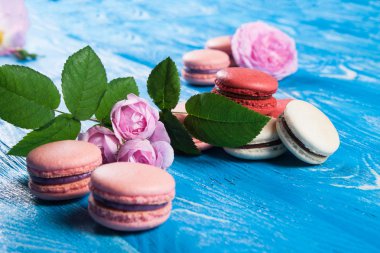 Mavi kurullarında çok renkli acıbadem kurabiyesi. 