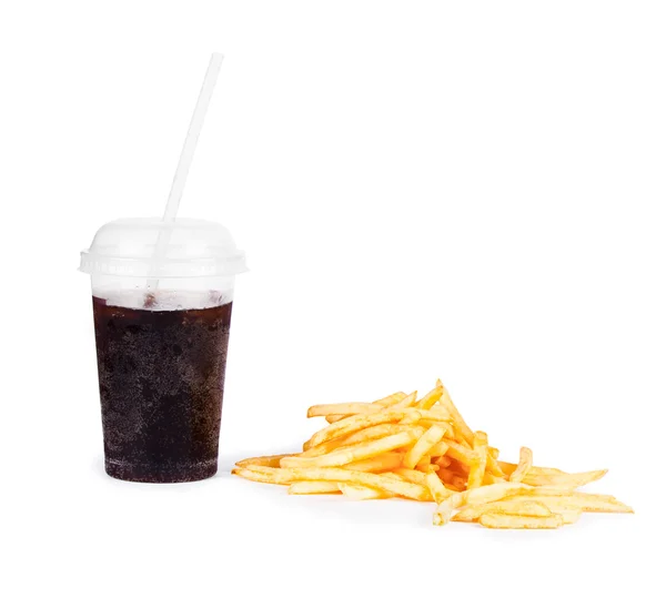 Pommes und Cola auf weißem Hintergrund — Stockfoto