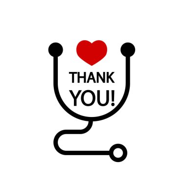Teşekkür ederim! Kalp ve steteskop ikonlu rozet. Beyaz arkaplanda düz vektör illüstrasyonu.