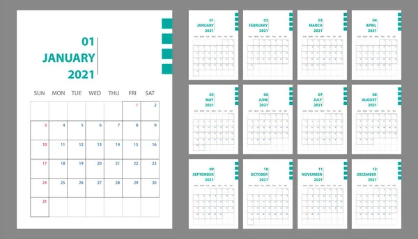 Вектор Новорічного Календаря 2021 Року Мінімальній Таблиці Простий Стиль Органічний — стоковий вектор