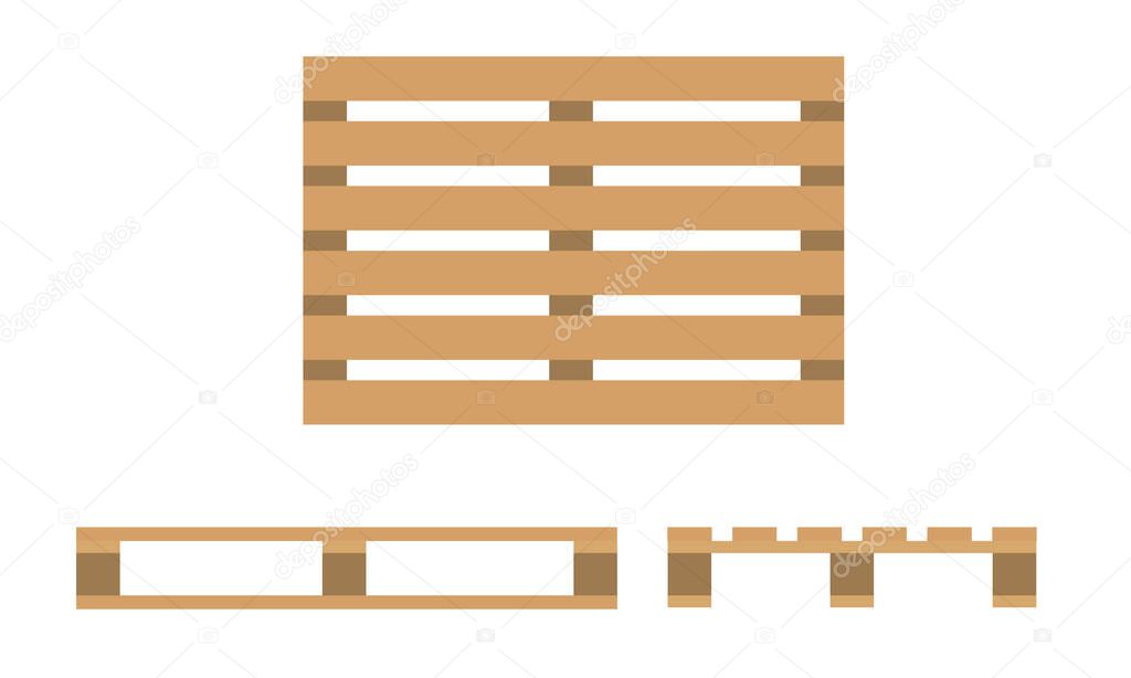 Wooden pallet. Flat design, top view, front and side view. Vector