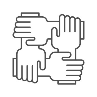 Takım çalışması ince çizgi simgesi gradyanı: dört el bilek için bir arada. Ortaklık sembolünün modern vektör çizimi.