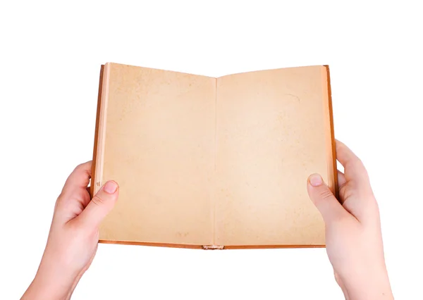 Bovenaanzicht van handen met een oud boek — Stockfoto