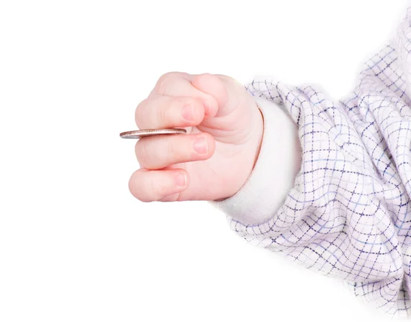 Mynt i barnets hand — Stockfoto