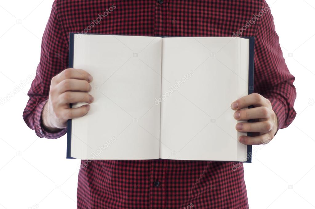 Man holding open book isolated on white
