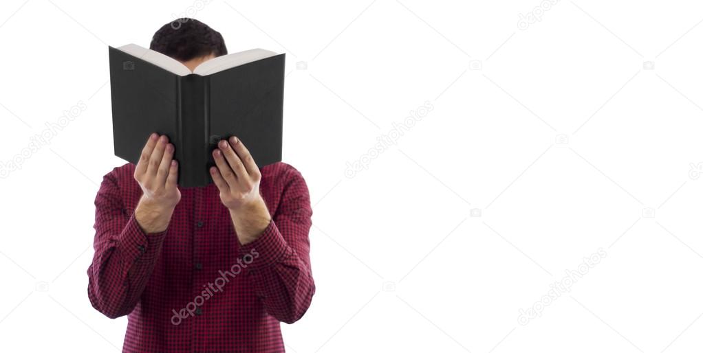 Man holding open book isolated on white
