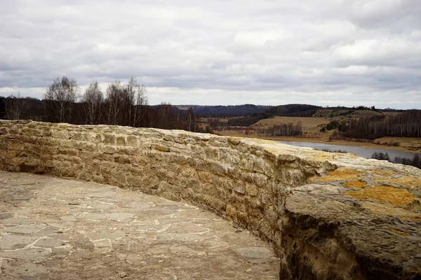 Widok Ściany Twierdzy Izborsk Wiosennego Lasu — Zdjęcie stockowe