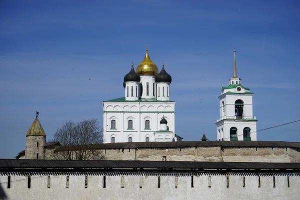 Cúpulas Catedral Trinidad Campanario Pskov Primavera Rusia — Foto de Stock