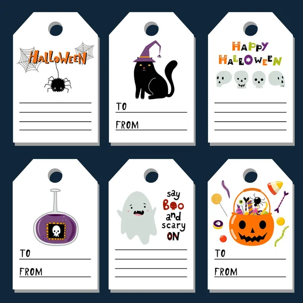 Set Etiquetas Regalo Halloween Trick Treat Party Cubo Lleno Dulces — Archivo Imágenes Vectoriales