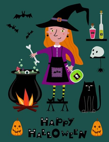 Glad Halloween Affisch Med Söt Häxa Förbereder Dryck Läskig Vektorillustration — Stock vektor