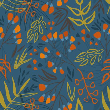 Sonbahar düşüşü pürüzsüz bir iz bırakır. Dallar ve yapraklar. Turuncu, mavi, yeşil renkler. Ambalaj kağıdı, duvar kağıdı, tekstil için ideal. Karanlık arka plan. Vektör illüstrasyonu.