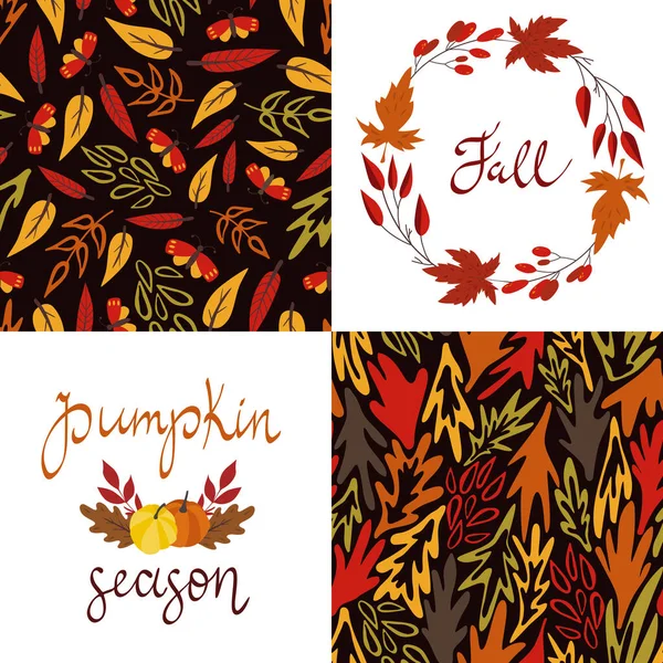 Autumn Fall Set Seamless Patterns Wreath Lettering Butterflies Compositions Leaves — Stock Vector