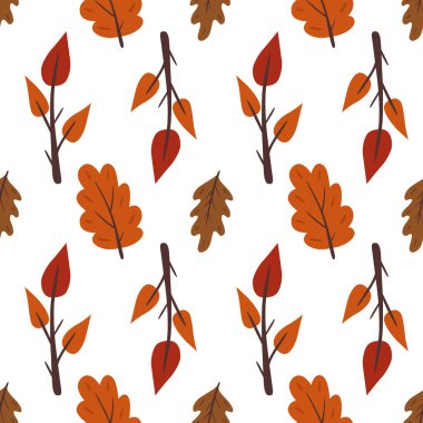 Sonbahar sonbahar vektörü pürüzsüz desen. Sarı, kahverengi ve kırmızı meşe yaprakları. İzole vektör tasarım elementleri. Duvar kağıdı, ambalaj, tekstil ve albüm için sezonluk arka plan. Düz çizgi film tasarımı.