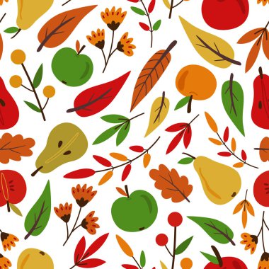 Sonbahar sonbahar vektörü pürüzsüz desen. Düşen yapraklar, elmalar, armutlar. Hasat. İzole tasarım elementleri. Duvar kâğıdı, ambalaj kağıdı, tekstil, hatıra defteri için sezonluk arka plan. Düz çizgi film tasarımı.